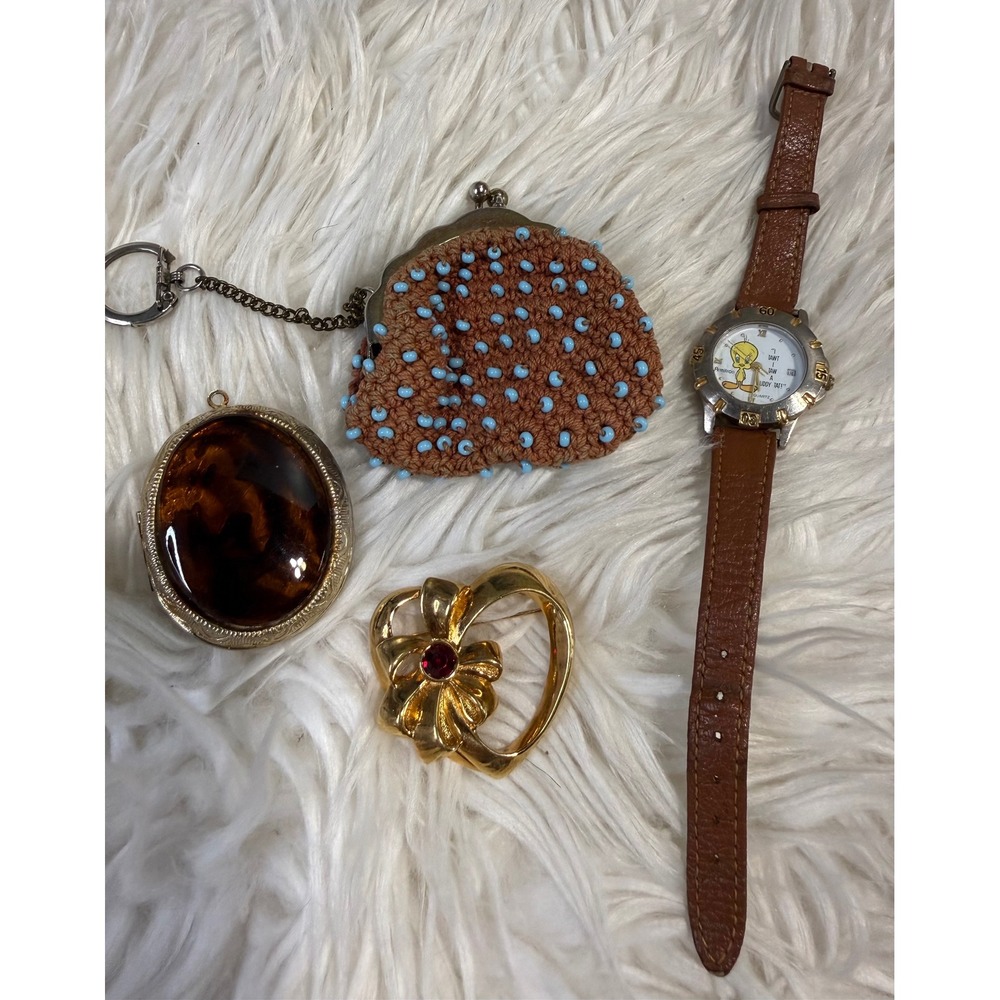 Vintage Accessory Lot Tweety Bird Armitron Watch Locket Brooch Crochet Purse
